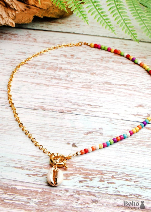 Boho Necklace, Blue Colorful Hippie Gold Shell